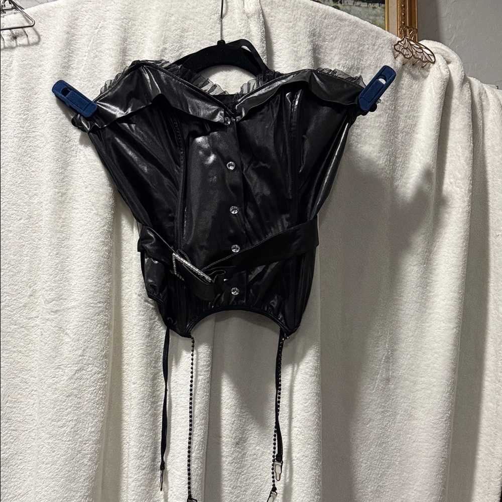 Black Faux Leather Button-Front Corset Halter Top